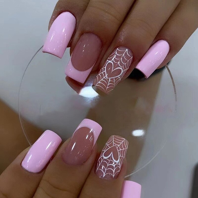 24Pcs False Nails Short Square Head Heart Rhinestone Pearl Full Cover Nail Tips Detachable Fake Nails Press on Nails Manicure K05