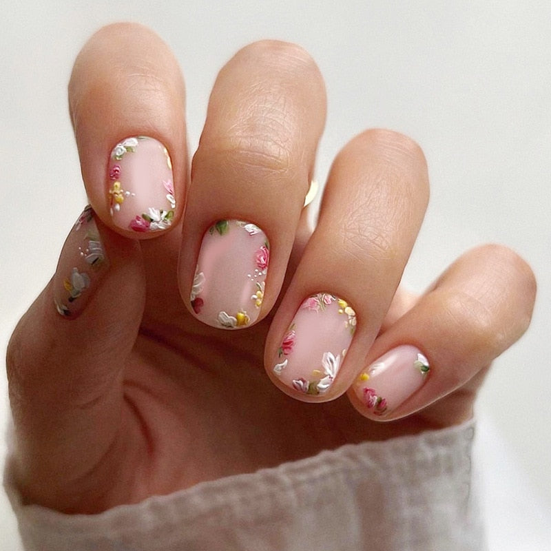 24Pcs False Nails Short Square Head Heart Rhinestone Pearl Full Cover Nail Tips Detachable Fake Nails Press on Nails Manicure A01