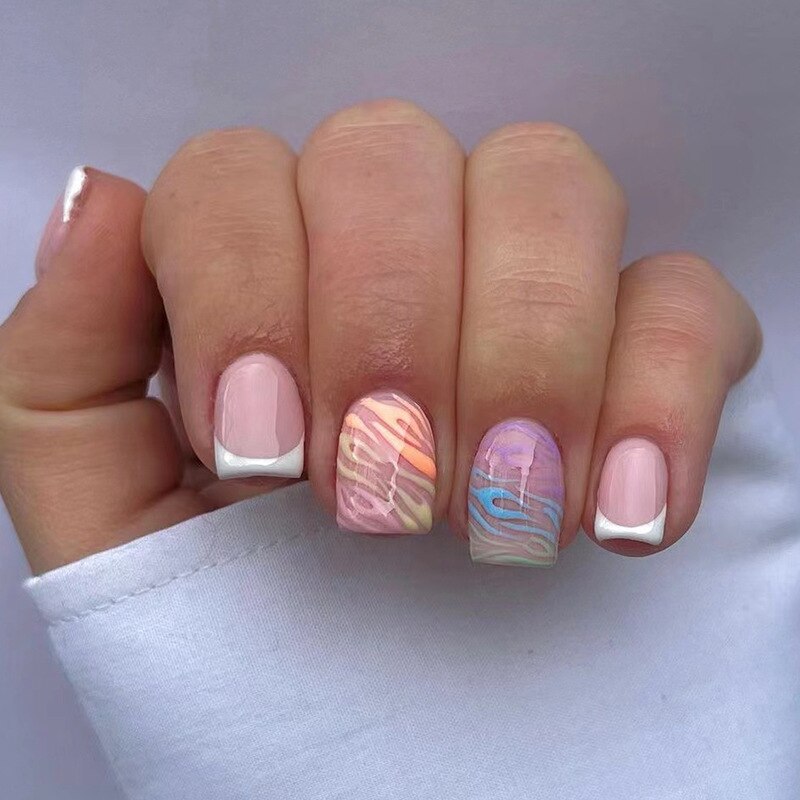 24Pcs False Nails Short Square Head Heart Rhinestone Pearl Full Cover Nail Tips Detachable Fake Nails Press on Nails Manicure B02