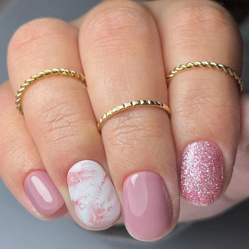 24Pcs False Nails Short Square Head Heart Rhinestone Pearl Full Cover Nail Tips Detachable Fake Nails Press on Nails Manicure M03