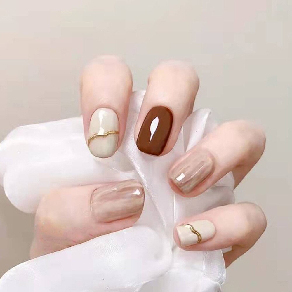 24Pcs False Nails Short Square Head Heart Rhinestone Pearl Full Cover Nail Tips Detachable Fake Nails Press on Nails Manicure H04