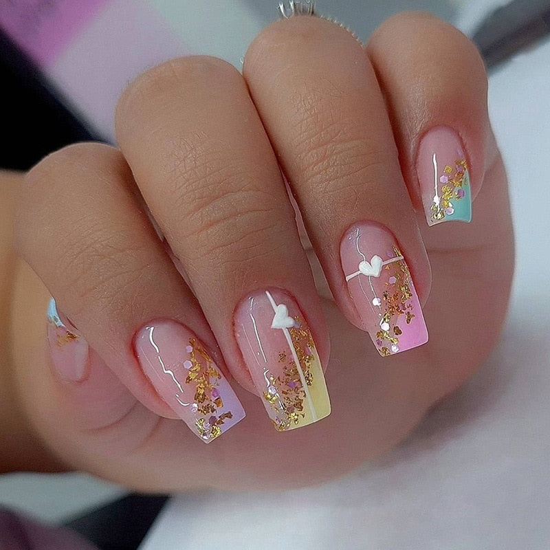 24Pcs False Nails Short Square Head Heart Rhinestone Pearl Full Cover Nail Tips Detachable Fake Nails Press on Nails Manicure M01