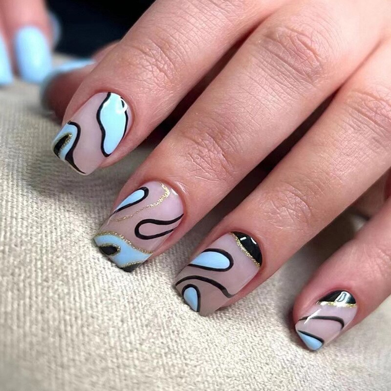 24Pcs False Nails Short Square Head Heart Rhinestone Pearl Full Cover Nail Tips Detachable Fake Nails Press on Nails Manicure H01
