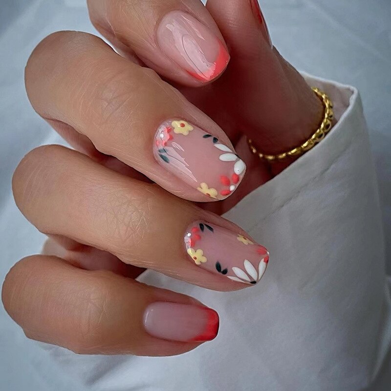 24Pcs False Nails Short Square Head Heart Rhinestone Pearl Full Cover Nail Tips Detachable Fake Nails Press on Nails Manicure J04
