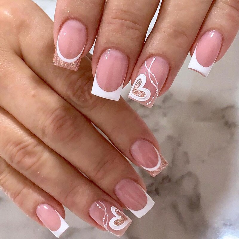 24Pcs False Nails Short Square Head Heart Rhinestone Pearl Full Cover Nail Tips Detachable Fake Nails Press on Nails Manicure F07