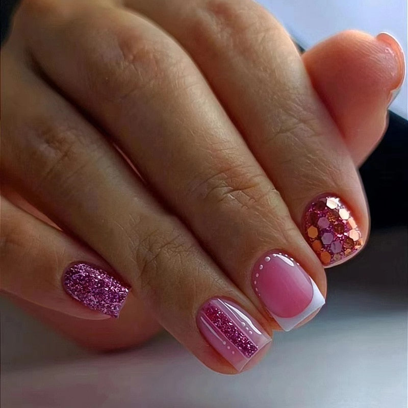 24Pcs False Nails Short Square Head Heart Rhinestone Pearl Full Cover Nail Tips Detachable Fake Nails Press on Nails Manicure B03