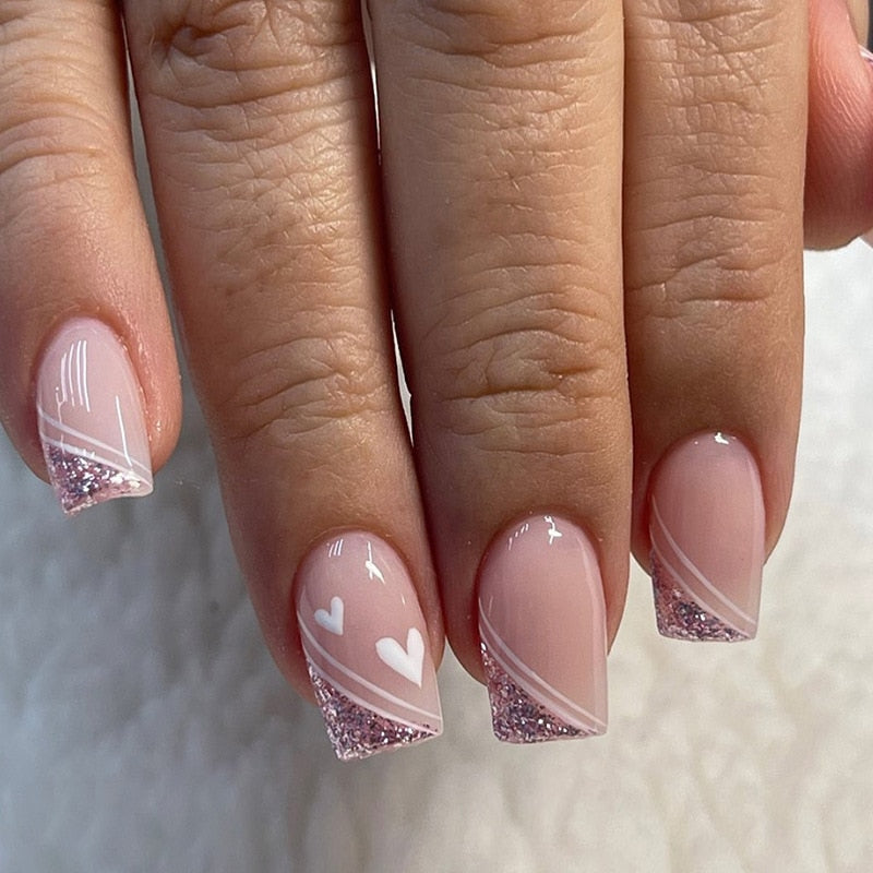 24Pcs False Nails Short Square Head Heart Rhinestone Pearl Full Cover Nail Tips Detachable Fake Nails Press on Nails Manicure