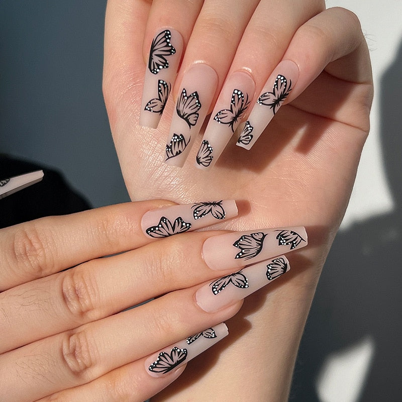24Pcs Fashion Wearable Nail Art Butterfly Design Detachable Nude Color Coffin Fake Nails with Glue Full Cover Press on Nails