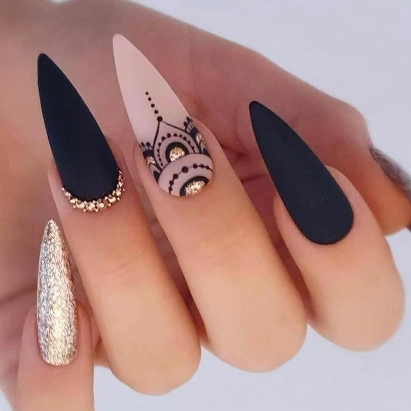 24Pcs Frosting False Nail Tips with Golden Glitter Designs French Rhinestone Manicure Stiletto Fake Nails Set Press on Nails