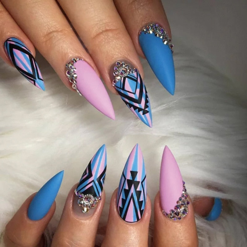 24Pcs Frosting False Nail Tips with Golden Glitter Designs French Rhinestone Manicure Stiletto Fake Nails Set Press on Nails 1816