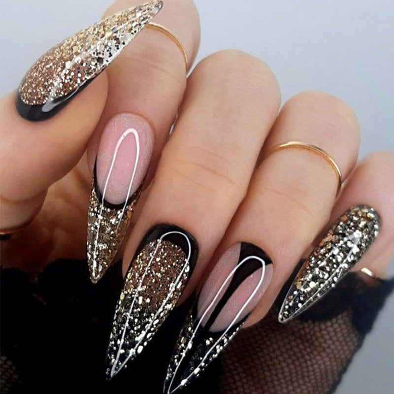 24Pcs Frosting False Nail Tips with Golden Glitter Designs French Rhinestone Manicure Stiletto Fake Nails Set Press on Nails 1526