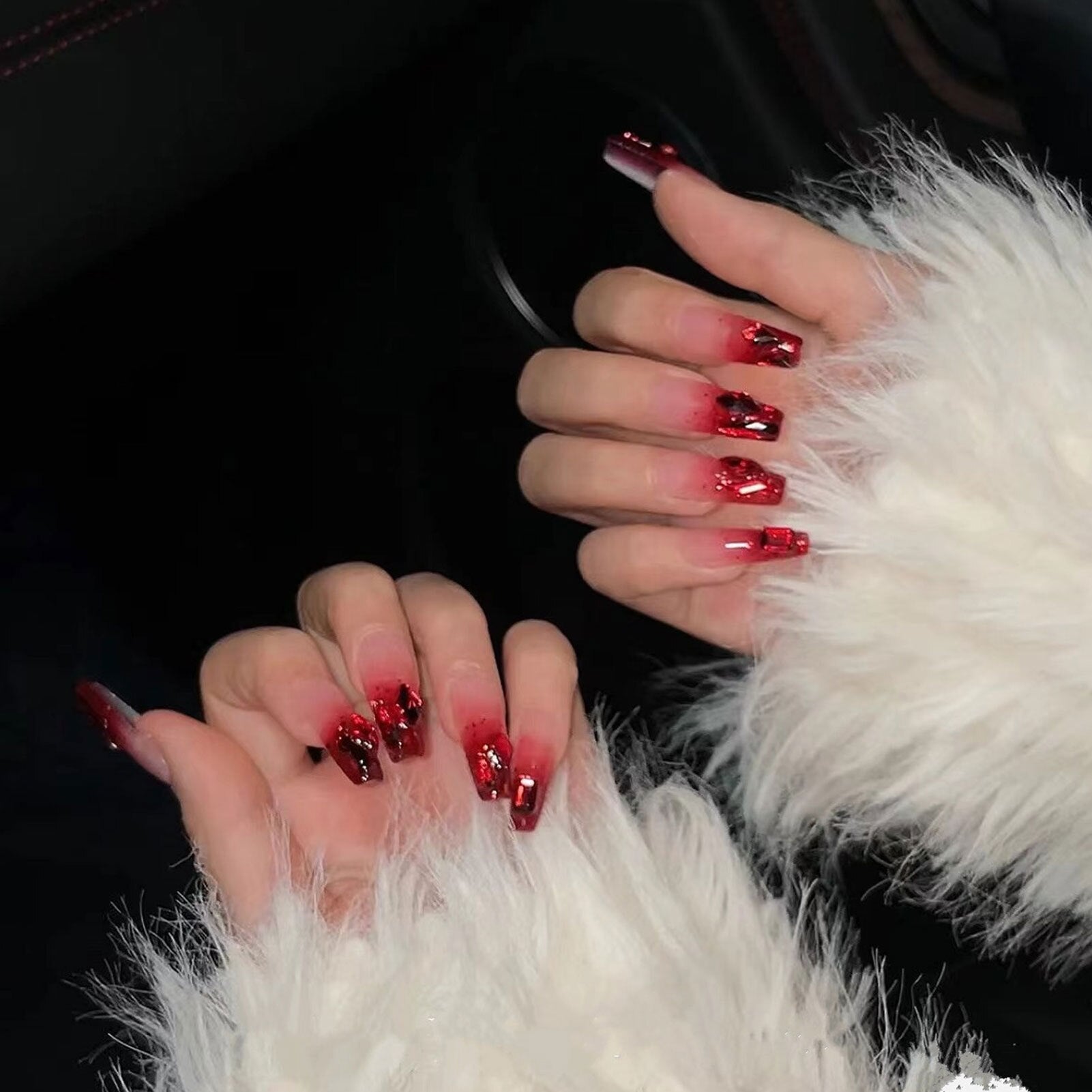 24Pcs Full Cover Fake Nails with 3D White Flower Design Full Cover Press on Fingernails Tips Coffin Head Glitter Red False Nails 11