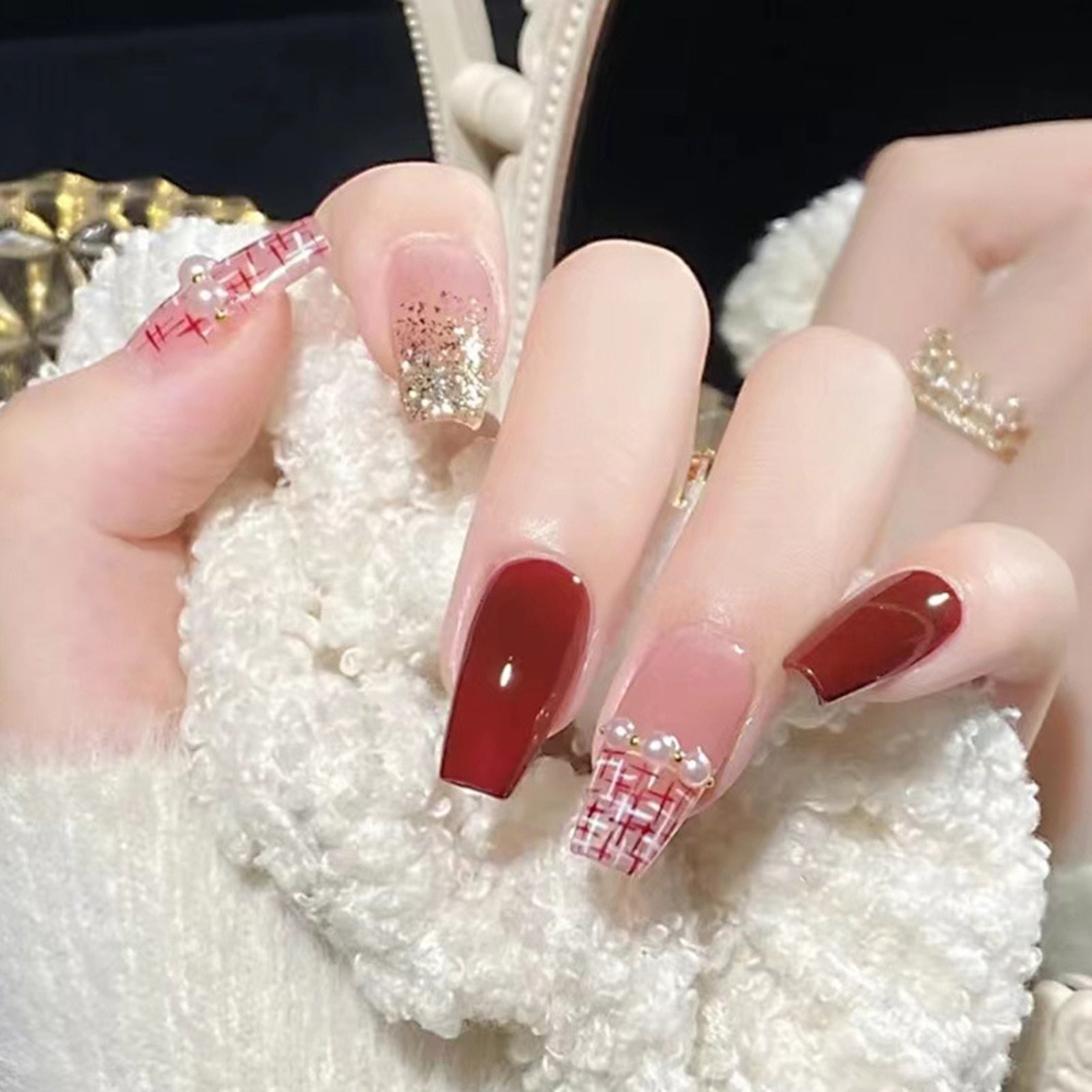 24Pcs Full Cover Fake Nails with 3D White Flower Design Full Cover Press on Fingernails Tips Coffin Head Glitter Red False Nails 9