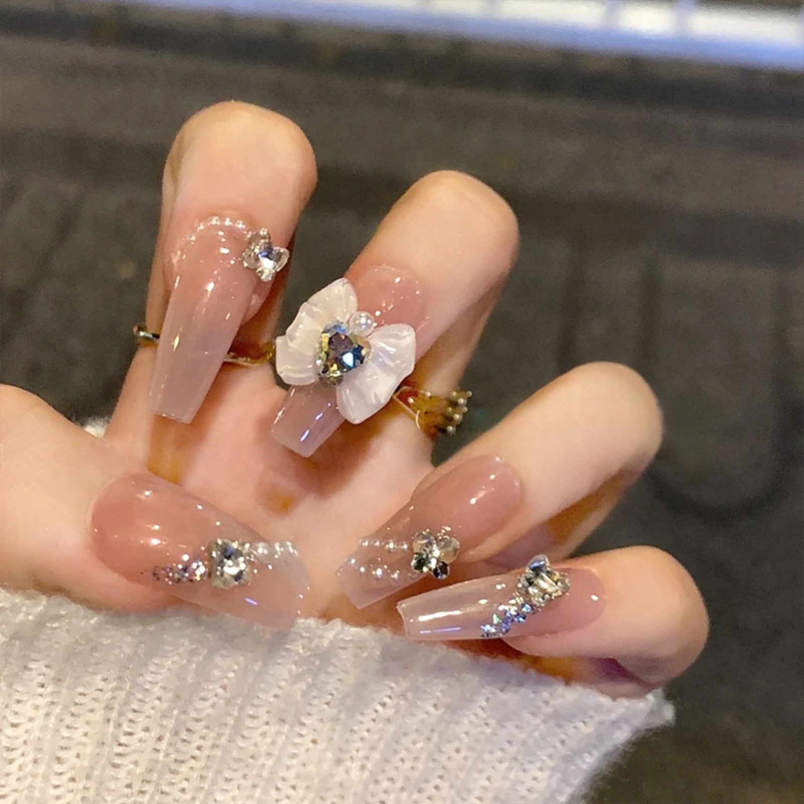 24Pcs Full Cover Fake Nails with 3D White Flower Design Full Cover Press on Fingernails Tips Coffin Head Glitter Red False Nails 16