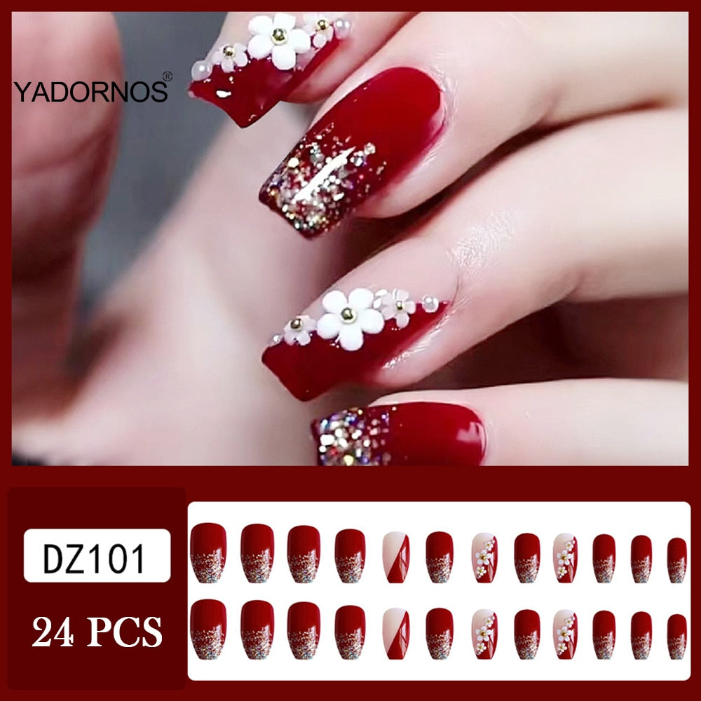 24Pcs Full Cover Fake Nails with 3D White Flower Design Full Cover Press on Fingernails Tips Coffin Head Glitter Red False Nails J1
