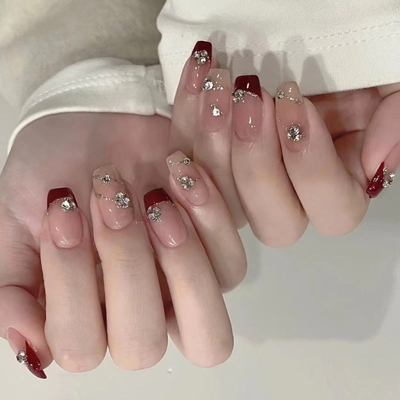 24Pcs Full Cover Fake Nails with 3D White Flower Design Full Cover Press on Fingernails Tips Coffin Head Glitter Red False Nails 20