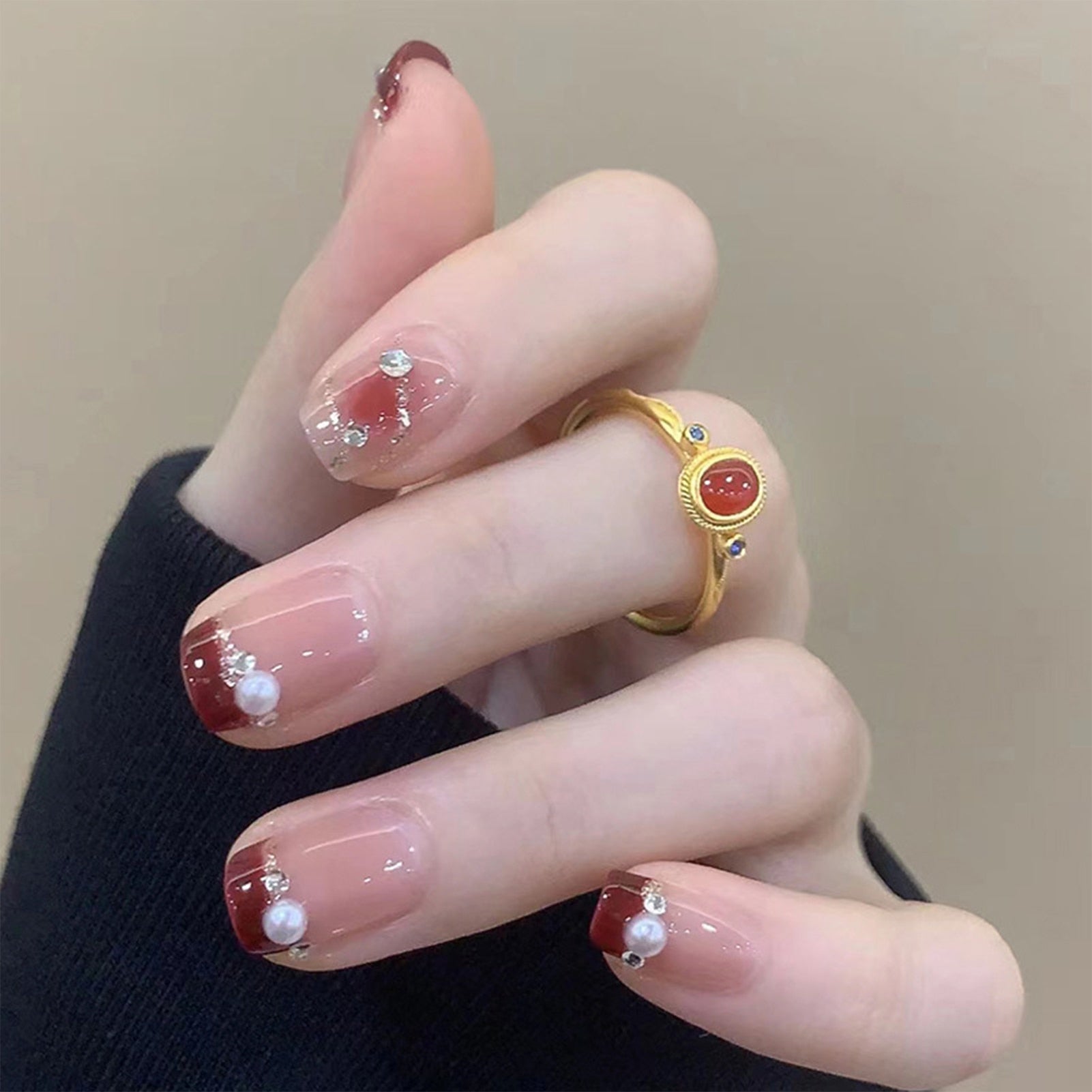 24Pcs Full Cover Fake Nails with 3D White Flower Design Full Cover Press on Fingernails Tips Coffin Head Glitter Red False Nails 13
