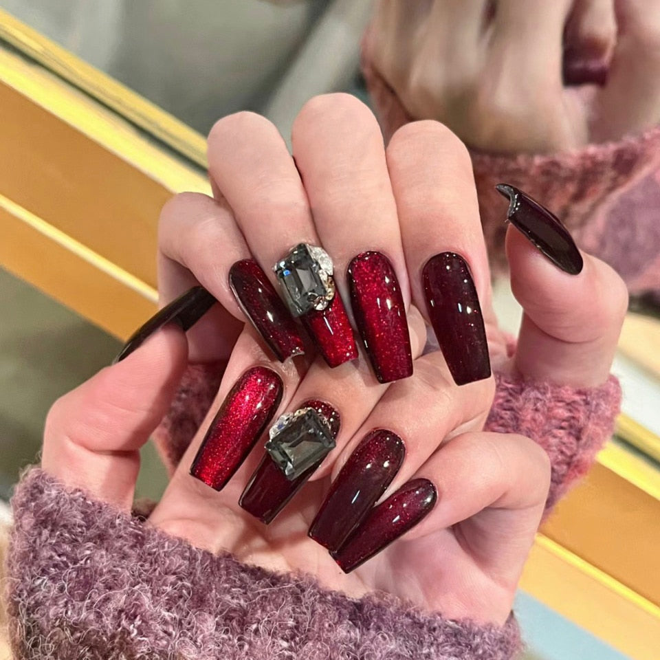24Pcs Full Cover Fake Nails with 3D White Flower Design Full Cover Press on Fingernails Tips Coffin Head Glitter Red False Nails 19