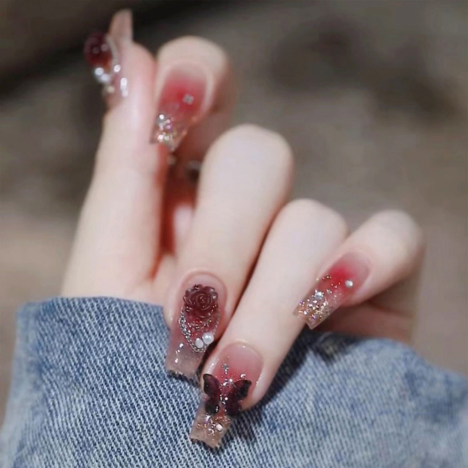 24Pcs Full Cover Fake Nails with 3D White Flower Design Full Cover Press on Fingernails Tips Coffin Head Glitter Red False Nails 8