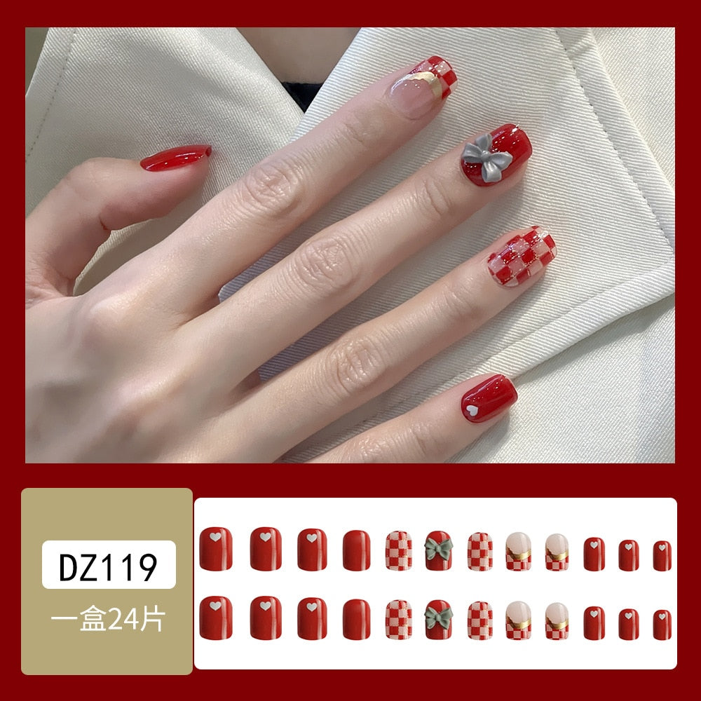 24Pcs Full Cover Fake Nails with 3D White Flower Design Full Cover Press on Fingernails Tips Coffin Head Glitter Red False Nails J3