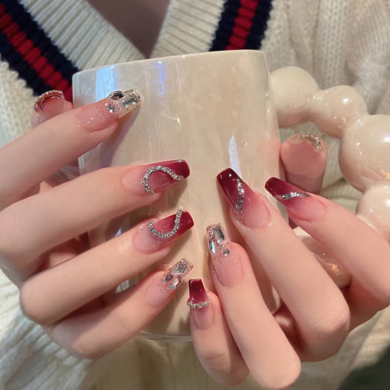 24Pcs Full Cover Fake Nails with 3D White Flower Design Full Cover Press on Fingernails Tips Coffin Head Glitter Red False Nails 18