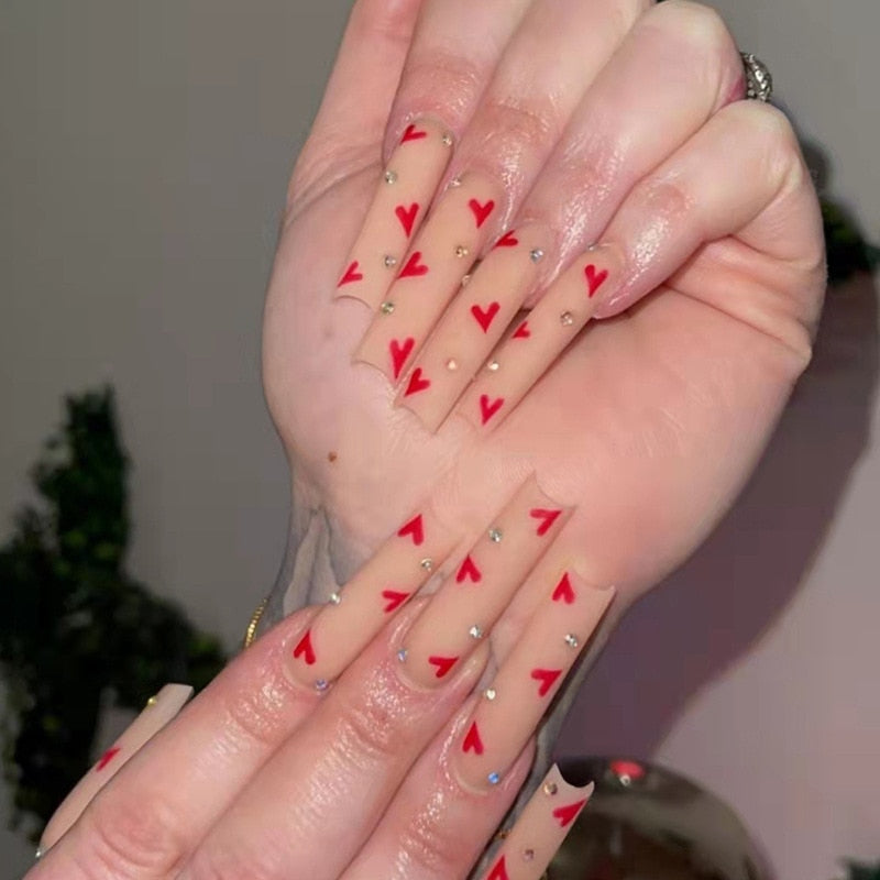 24Pcs Full Cover False Nails with Glue Extra Long Ballerina Coffin Detachable Fake Nails Flower Design Press on Nails Manicure 239