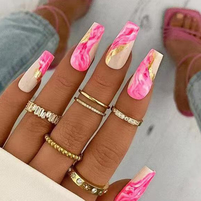 24Pcs Full Cover False Nails with Glue Extra Long Ballerina Coffin Detachable Fake Nails Flower Design Press on Nails Manicure 204