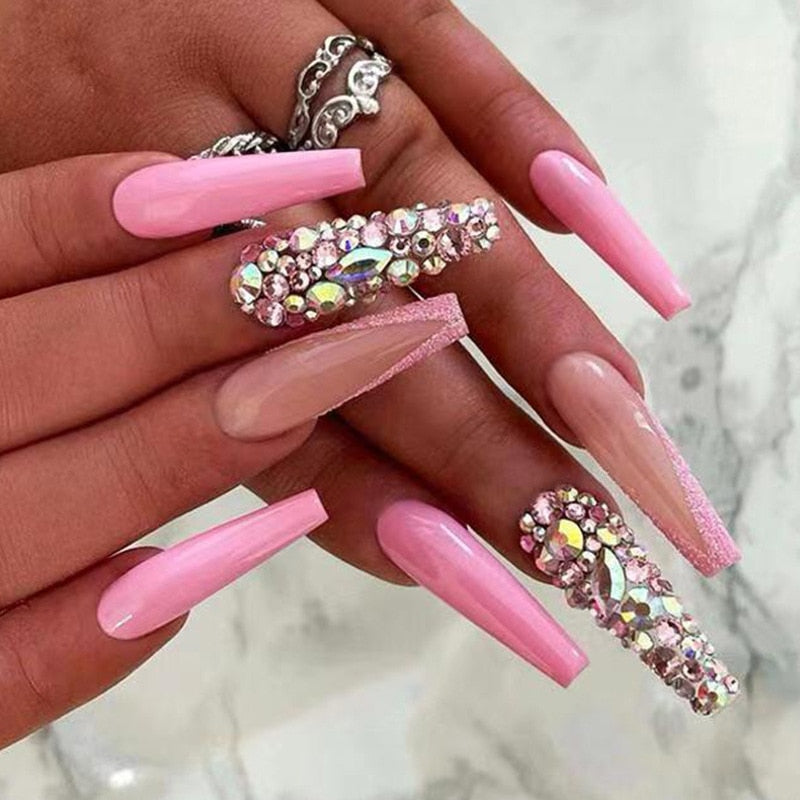 24Pcs Full Cover False Nails with Glue Extra Long Ballerina Coffin Detachable Fake Nails Flower Design Press on Nails Manicure 549