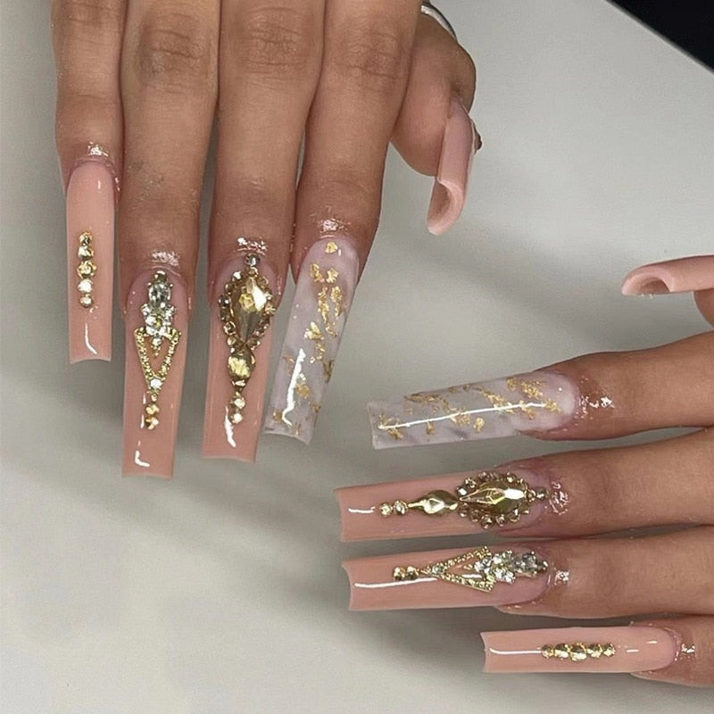 24Pcs Full Cover False Nails with Glue Extra Long Ballerina Coffin Detachable Fake Nails Flower Design Press on Nails Manicure 1721