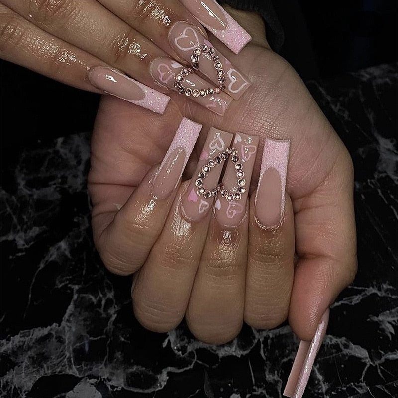 24Pcs Full Cover False Nails with Glue Extra Long Ballerina Coffin Detachable Fake Nails Flower Design Press on Nails Manicure SGCY-94