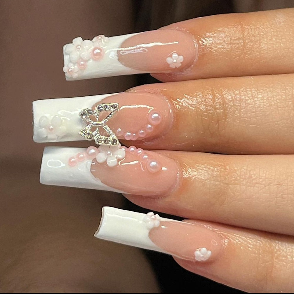 24Pcs Full Cover False Nails with Glue Extra Long Ballerina Coffin Detachable Fake Nails Flower Design Press on Nails Manicure