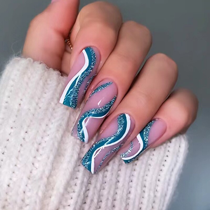 24Pcs Full Cover False Nails with Glue Extra Long Ballerina Coffin Detachable Fake Nails Flower Design Press on Nails Manicure 266
