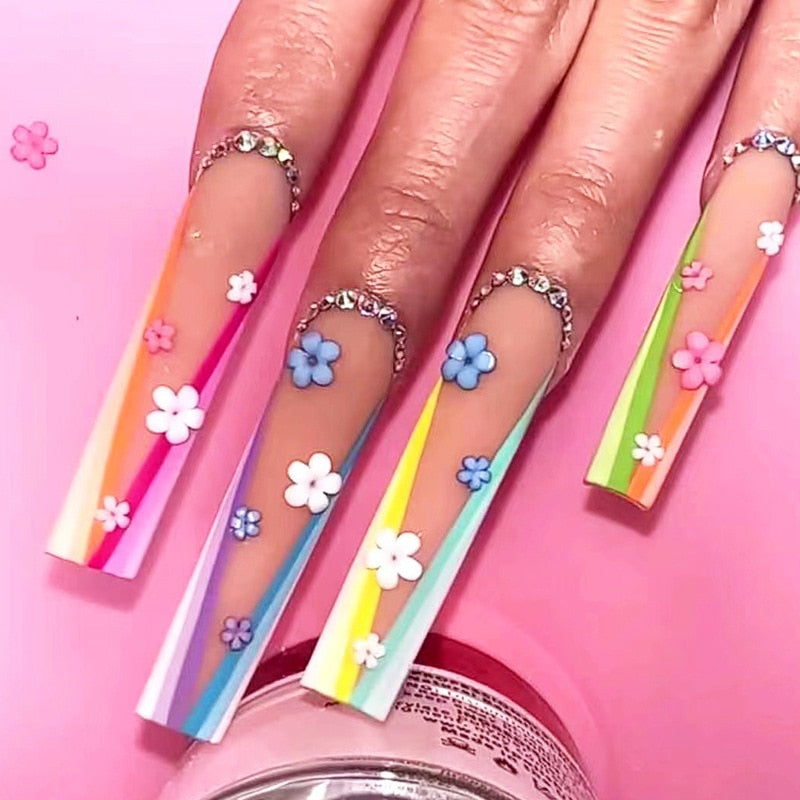 24Pcs Full Cover False Nails with Glue Extra Long Ballerina Coffin Detachable Fake Nails Flower Design Press on Nails Manicure 85