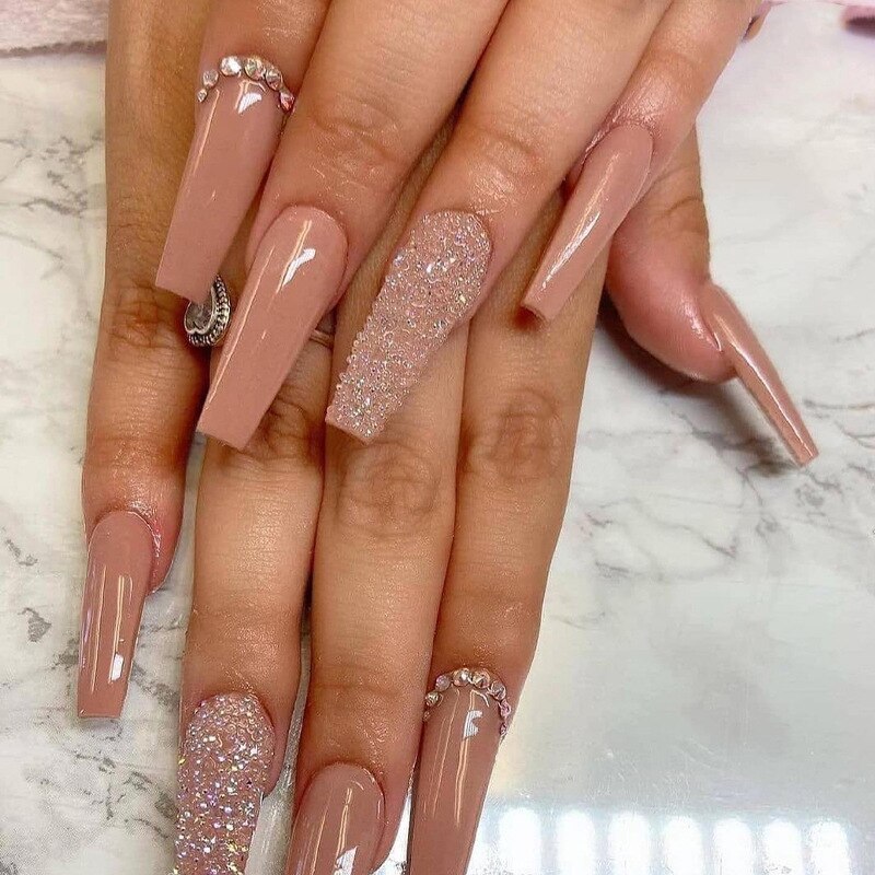 24Pcs Full Cover False Nails with Glue Extra Long Ballerina Coffin Detachable Fake Nails Flower Design Press on Nails Manicure 160