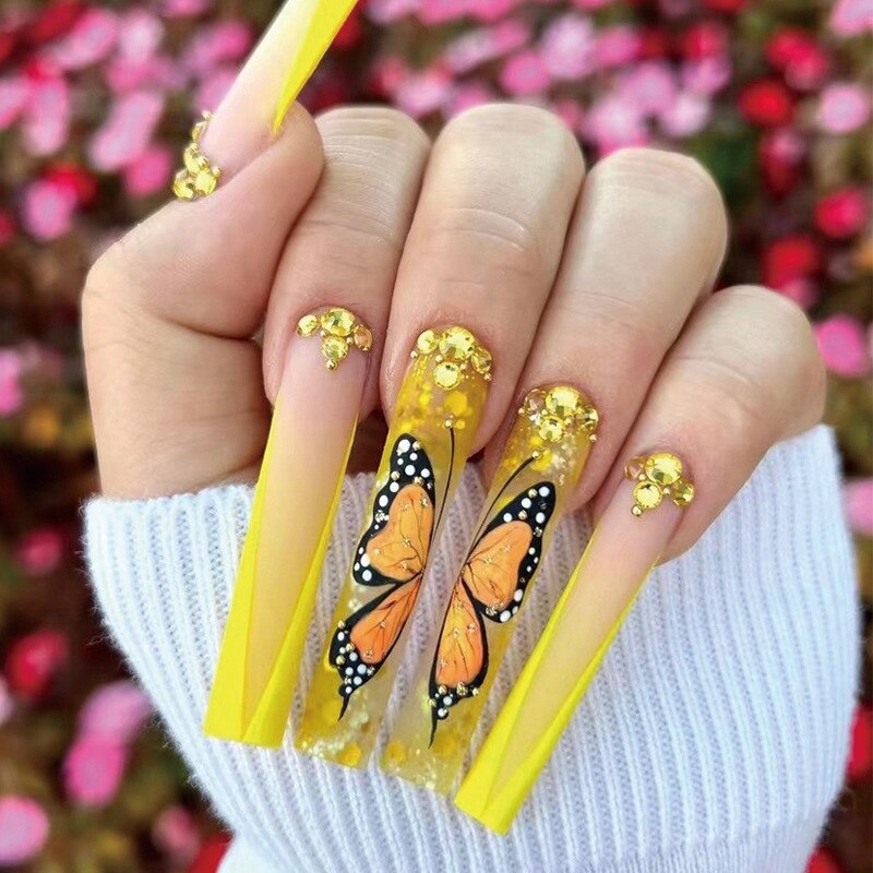 24Pcs Full Cover False Nails with Glue Extra Long Ballerina Coffin Detachable Fake Nails Flower Design Press on Nails Manicure