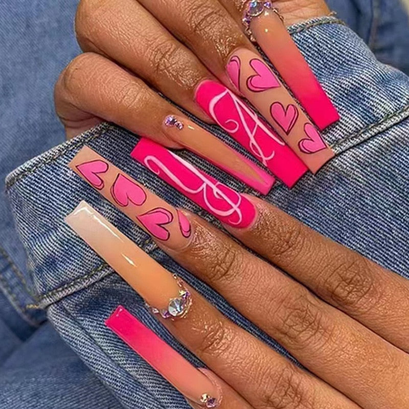 24Pcs Full Cover False Nails with Glue Extra Long Ballerina Coffin Detachable Fake Nails Flower Design Press on Nails Manicure 548