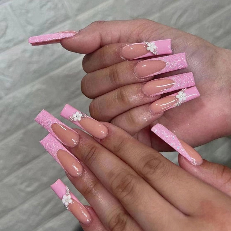 24Pcs Full Cover False Nails with Glue Extra Long Ballerina Coffin Detachable Fake Nails Flower Design Press on Nails Manicure 1736