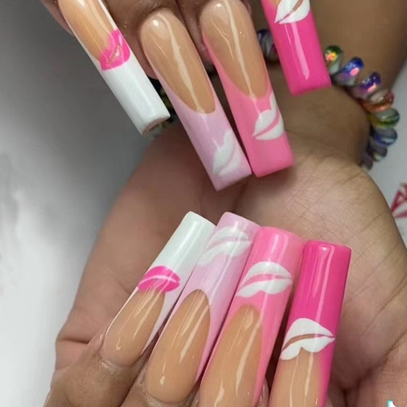 24Pcs Full Cover False Nails with Glue Extra Long Ballerina Coffin Detachable Fake Nails Flower Design Press on Nails Manicure 53