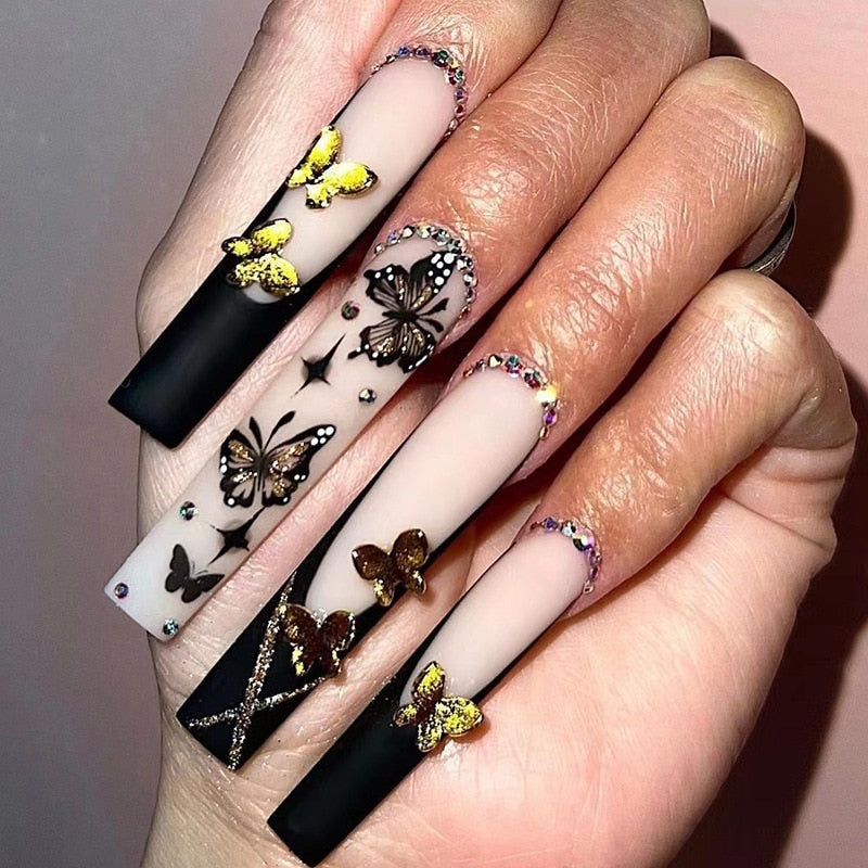 24Pcs Full Cover False Nails with Glue Extra Long Ballerina Coffin Detachable Fake Nails Flower Design Press on Nails Manicure 1710