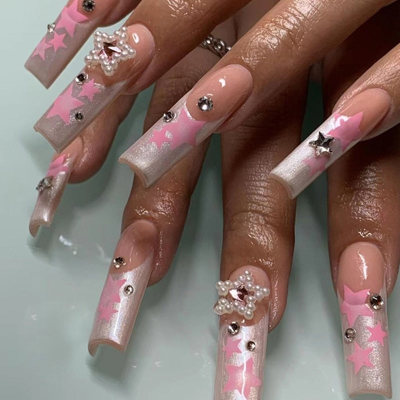 24Pcs Full Cover False Nails with Glue Extra Long Ballerina Coffin Detachable Fake Nails Flower Design Press on Nails Manicure 513