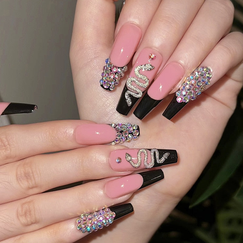 24Pcs Full Cover False Nails with Glue Extra Long Ballerina Coffin Detachable Fake Nails Flower Design Press on Nails Manicure 1700