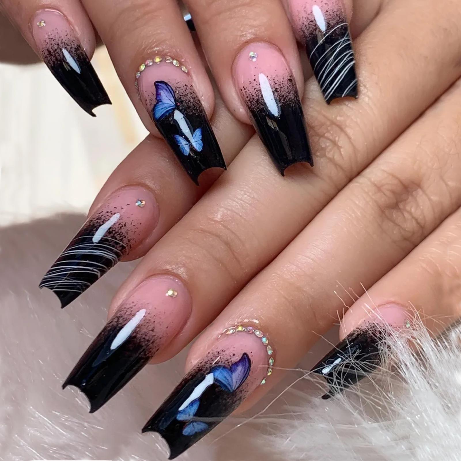 24Pcs Full Cover False Nails with Glue Extra Long Ballerina Coffin Detachable Fake Nails Flower Design Press on Nails Manicure 0477-02