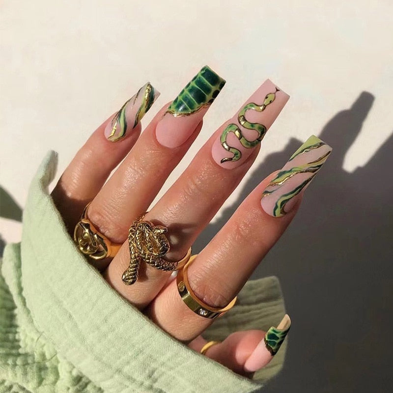 24Pcs Full Cover False Nails with Glue Extra Long Ballerina Coffin Detachable Fake Nails Flower Design Press on Nails Manicure 2091