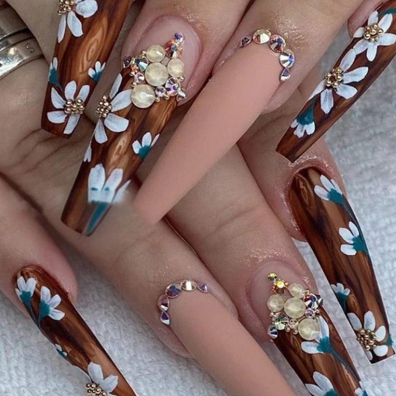 24Pcs Full Cover False Nails with Glue Extra Long Ballerina Coffin Detachable Fake Nails Flower Design Press on Nails Manicure 1815