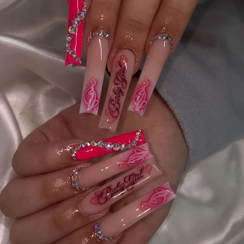 24Pcs Full Cover False Nails with Glue Extra Long Ballerina Coffin Detachable Fake Nails Flower Design Press on Nails Manicure 1712