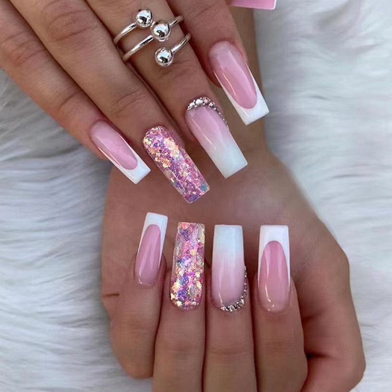 24Pcs Full Cover False Nails with Glue Extra Long Ballerina Coffin Detachable Fake Nails Flower Design Press on Nails Manicure 524