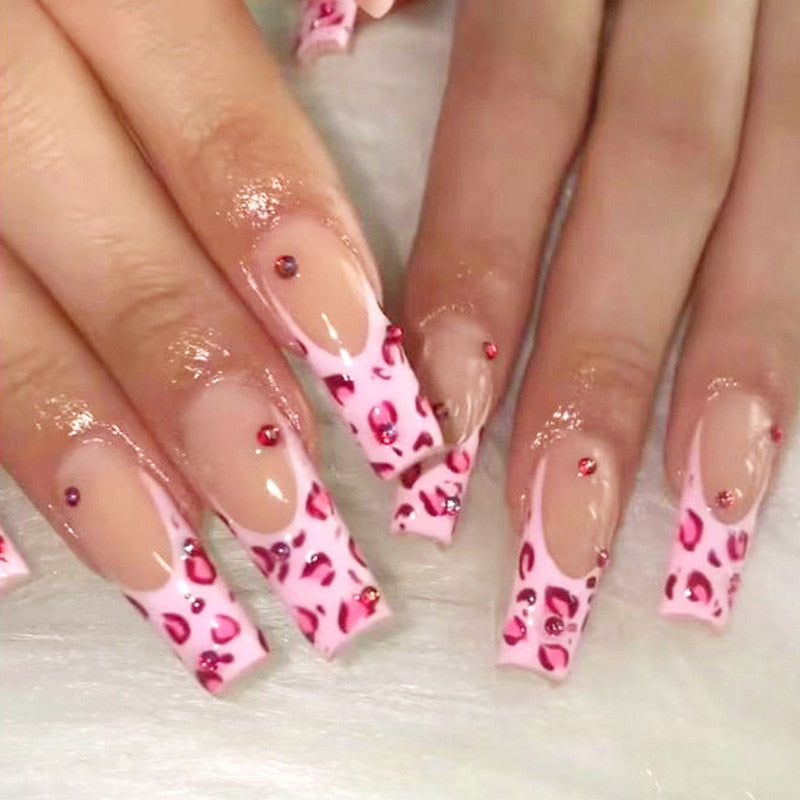 24Pcs Full Cover False Nails with Glue Extra Long Ballerina Coffin Detachable Fake Nails Flower Design Press on Nails Manicure 1620
