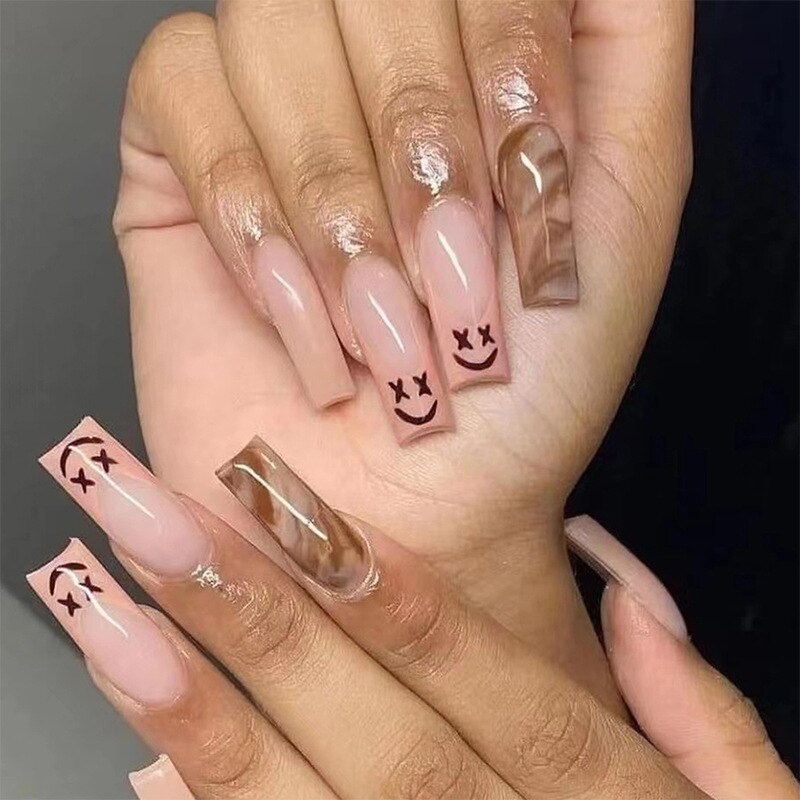 24Pcs Full Cover False Nails with Glue Extra Long Ballerina Coffin Detachable Fake Nails Flower Design Press on Nails Manicure 37