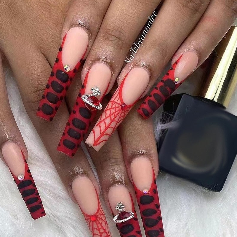 24Pcs Full Cover False Nails with Glue Extra Long Ballerina Coffin Detachable Fake Nails Flower Design Press on Nails Manicure 23