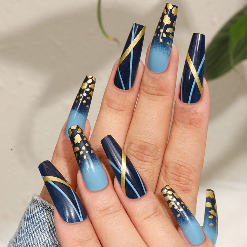 24Pcs Full Cover False Nails with Glue Extra Long Ballerina Coffin Detachable Fake Nails Flower Design Press on Nails Manicure LF527